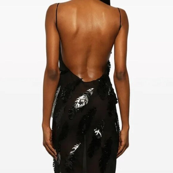 Coperni Slip Dress in Black backless mesh embellished mini sheer