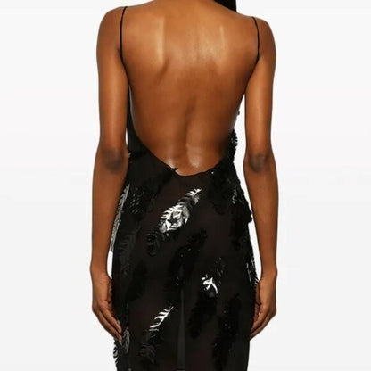 Coperni Slip Dress in Black backless mesh embellished mini sheer