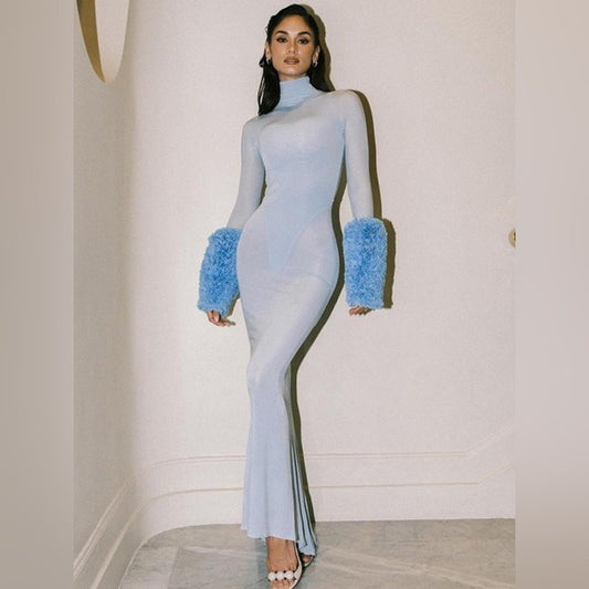 Alaia Ruffle Dress in Ciel blue long sleeve maxi jersey bodycon