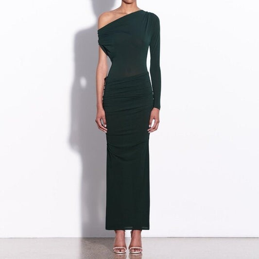Alex Perry Asymmetric Draped Jersey Maxi Dress in Forest Green off shoulder