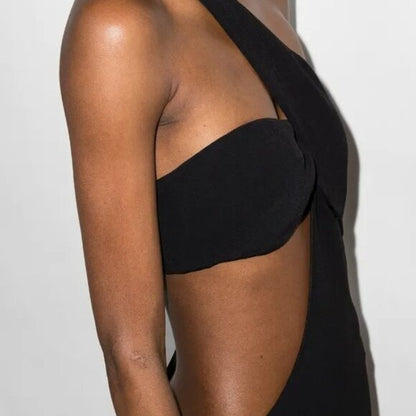 MONOT Cutout One Shoulder Maxi Dress in Black assymetrical gown formal