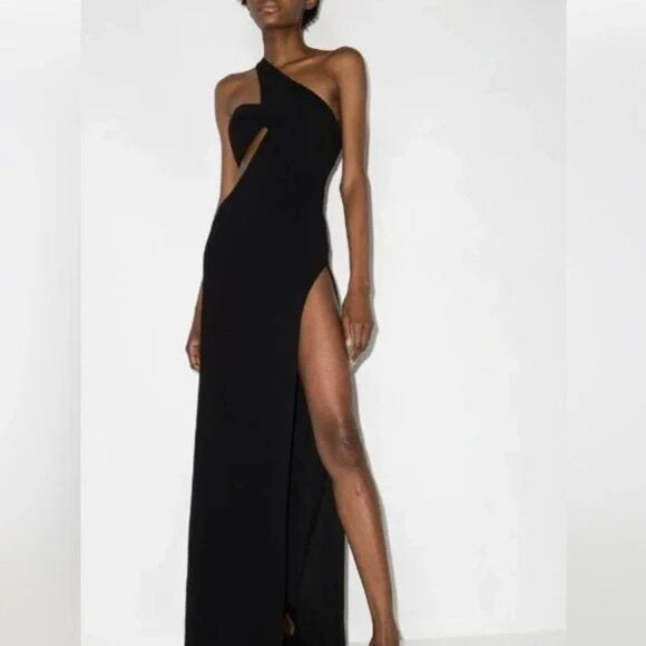 MONOT Cutout One Shoulder Maxi Dress in Black assymetrical gown formal