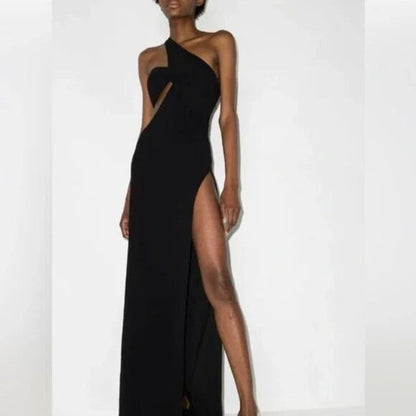 MONOT Cutout One Shoulder Maxi Dress in Black assymetrical gown formal