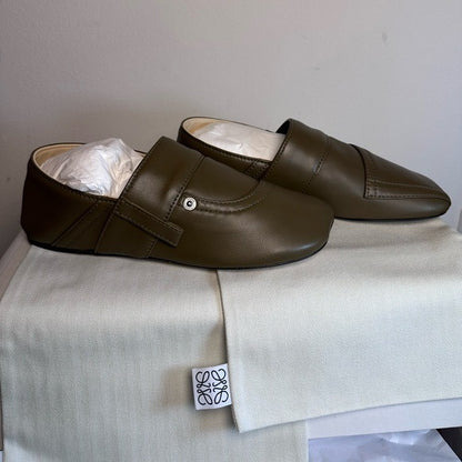 Loewe Toy Pocket Slipper in Olive green leather loafer flat house shoe