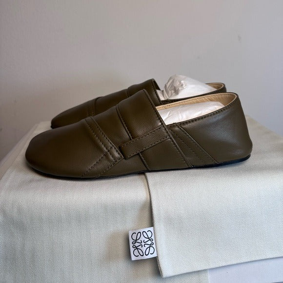 Loewe Toy Pocket Slipper in Olive green leather loafer flat house shoe