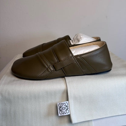 Loewe Toy Pocket Slipper in Olive green leather loafer flat house shoe