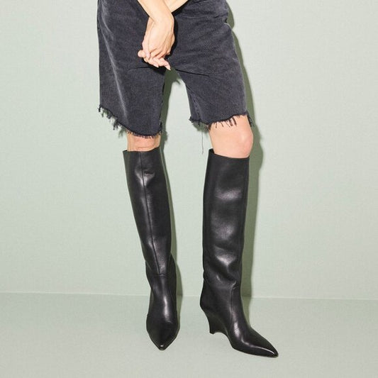Freda Salvador Mariah Boot in Black knee high leather wedge heel boots