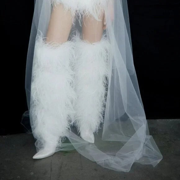 The New Arrivals by Ilkyaz Ozel Over The Knee Boot 110 in White ostrich feather heel shoe