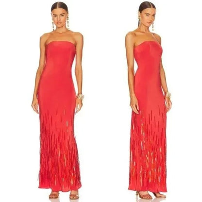 Cult Gaia Anisa Gown in Rouge Red Strapless Embellished Maxi Dress