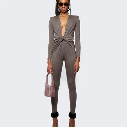 Saint Laurent Long Sleeve Jumpsuit V-Neck Catsuit Taupe Gray Wool YSL