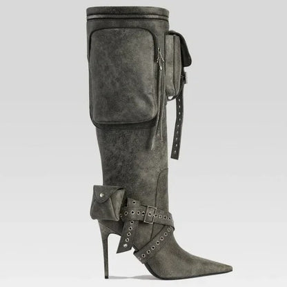 retrofete Yasmine Boot in Vintage Black knee high heeled pockets
