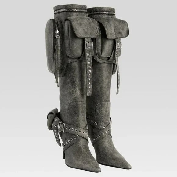 retrofete Yasmine Boot in Vintage Black knee high heeled pockets