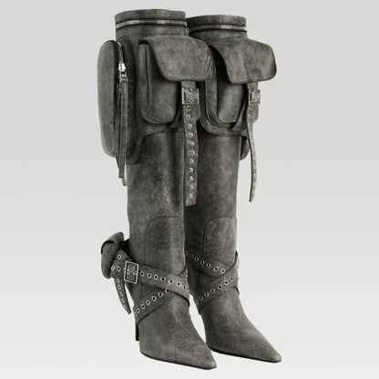 retrofete Yasmine Boot in Vintage Black knee high heeled pockets