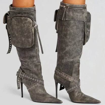 retrofete Yasmine Boot in Vintage Black knee high heeled pockets