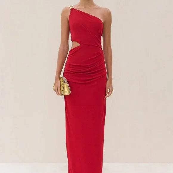 Cult Gaia Cobi Gown in Merlot red asymmetrical cutout maxi dress ruched