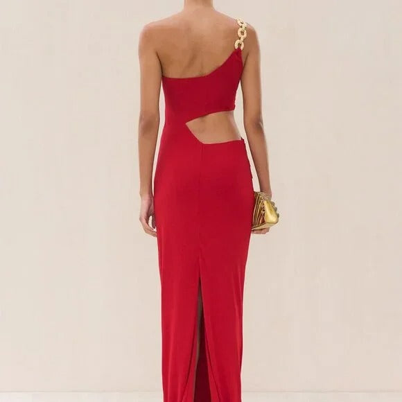 Cult Gaia Cobi Gown in Merlot red asymmetrical cutout maxi dress ruched
