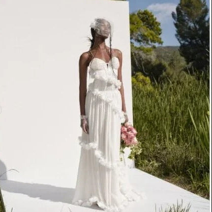 For Love & Lemons Olivia Gown in White wedding maxi flowy ruffle draped dress