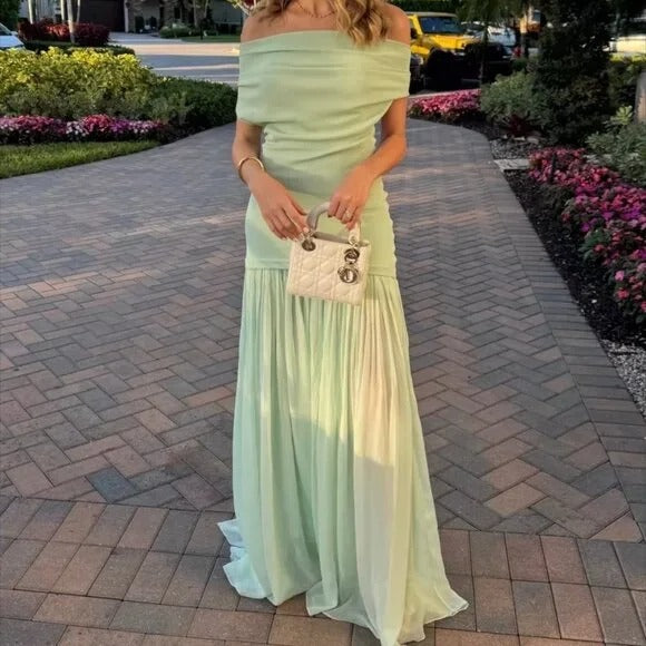 Helsa The Gallery Dress in Mint green off shoulder flowy maxi gown