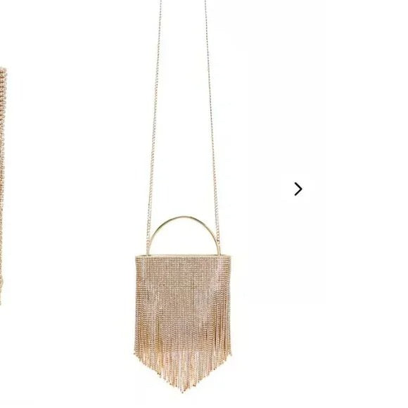olga berg Adina Crystal Fringe Bag in Champagne rhinestone clutch shoulder purse