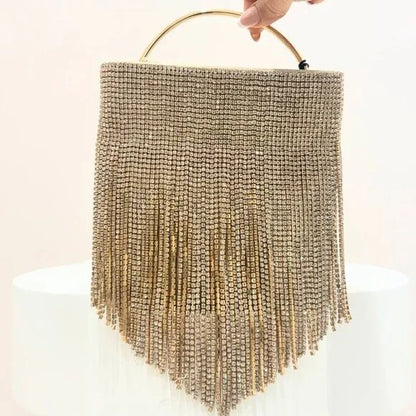 olga berg Adina Crystal Fringe Bag in Champagne rhinestone clutch shoulder purse
